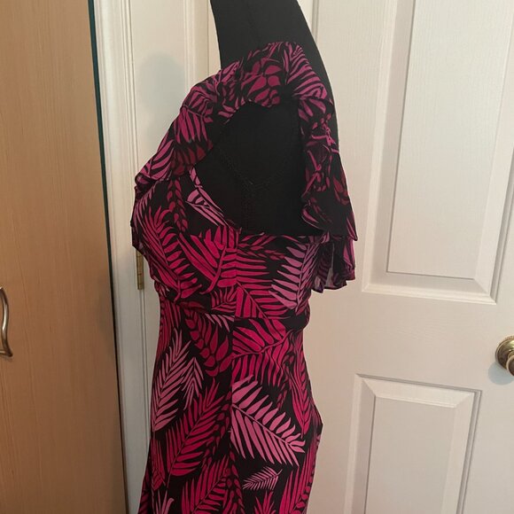 RIXO Antoinette Pink Palm Print Frilly Sleeve 100% Silk Midi Dress (Size S/P) - Picture 6 of 16